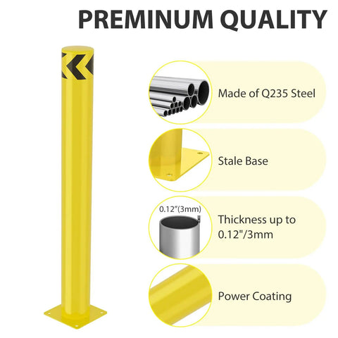 Built Tough Heavy Duty Steel Safety Bollard Post Delivering High Visibility Parking Protection And Raw Impact Resistance While Standing Up To Daily Wear With A Rust Proof Powder Coat Finish. Yellow steel bollard with a stable base and reflective marking.