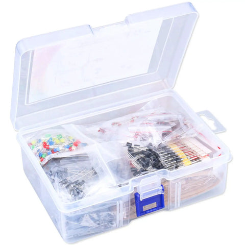 Massive 1400Pcs Electronics Component Assortment Kit for DIY Projects in clear organizer box with LEDs and resistors visible