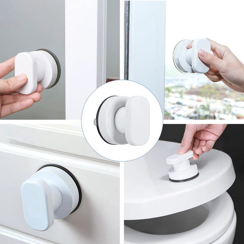 Two Pack Strong Suction Cup Handles For Glass Mirror Tile And Drawer Doors With Up To 7.5 Kilogram Load Capacity Durable ABS Construction Improved Grip For Bathroom Kitchen And Home Use shown in various installations on glass and drawer surfaces