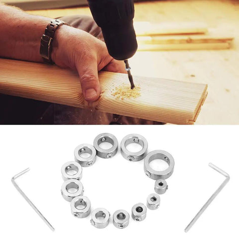 Stainless Steel Drill Depth Stop Collar Set For High Carbon Steel Drills, 12 piece lightweight limit rings in use and displayed separately.