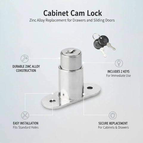 Sleek Silver Zinc Alloy Cam Lock For Cabinets Drawers And Sliding Doors Compact Replacement Hardware With Two Keys Displayed