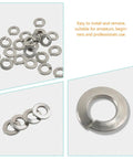 Premium Stainless Steel Lock Washers Set 350 Pcs Assortment For Screws And Bolts in Handy Plastic Box, arranged and close-up views