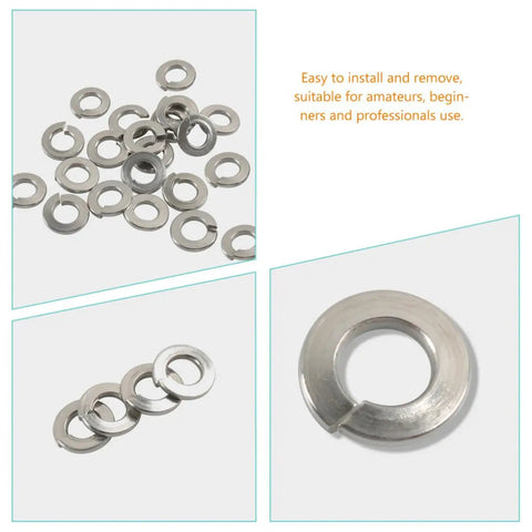 Premium Stainless Steel Lock Washers Set 350 Pcs Assortment For Screws And Bolts in Handy Plastic Box, arranged and close-up views