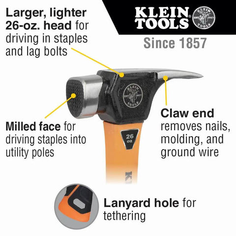 Go To Lineman 26 Ounce Claw Milled Hammer With Fiberglass Handle, heavy duty for utility poles, orange milled face for staples.
