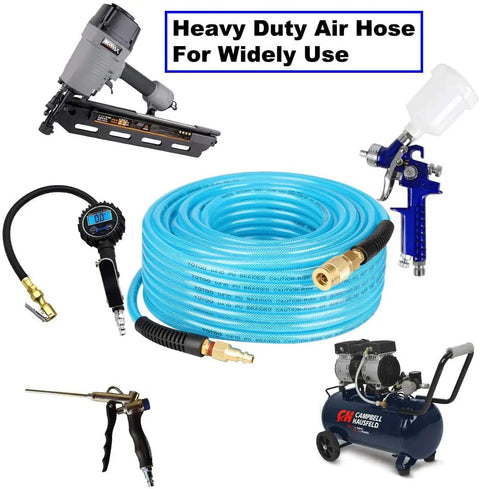 Heavy Duty Reinforced Polyurethane Air Hose For Compressors 3/8 Inch By 25 Feet with blue coil and quick coupler kit
