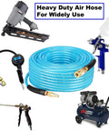 Heavy Duty Reinforced Polyurethane Air Hose 3 8 Inner Diameter 100 Feet Long Flexible Heavy Gauge Tube For Air Compressor Tools With Bend Restrictor 1 4 Swivel Quick Coupler And Plug Kit Badass Garage Shop Tool Item In Blue Color Set coiled with compressor and spray gun
