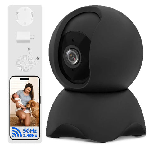 Straight Up Reliable Indoor Security Cam With Smooth 1080P HD Stream And Effortless Dual Band WiFi Pairing, black, with USB power and mobile app setup.