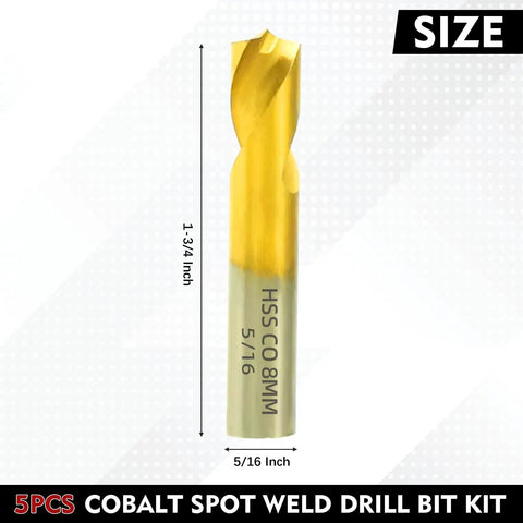Cobalt Spot Weld Drill Bit Set For Auto Body Repairs Pro Grade Titanium Coated High Speed HSS 5 By 16 Inch 8mm Yellow Finish