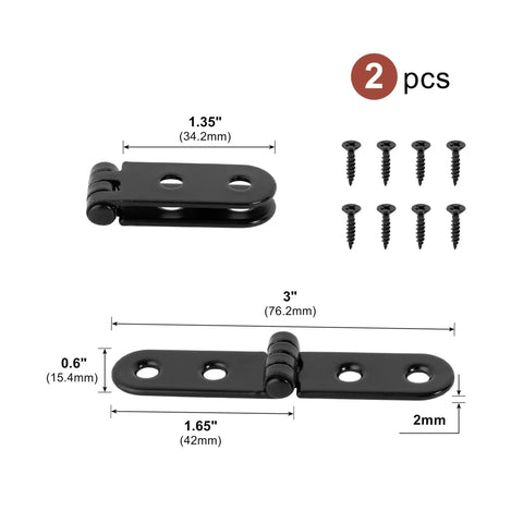 Two Piece 180 Degree Foldable Flap Hinges Screw On With Round Corner For Sewing Machine Cabinet DIY Woodworking Hardware In Black Stainless Steel Finish shown with dimensions and mounting screws.