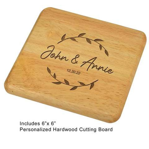 Grab The Goods Personalized Wine And Cheese Cooler Tote With Chill Insulation Dual Acrylic Glasses Hardwood Board Plus Stainless Tools For Lazy Summer Hangouts, 6x6 personalized hardwood cutting board with engraving.