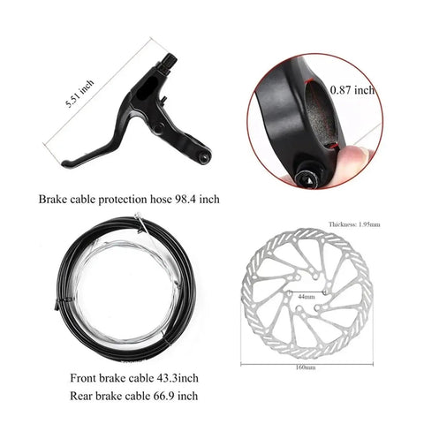Stop On A Dime Heavy Duty Mechanical Disc Brake Set With Floating Rotor Caliper Cable Lever Kit components, including levers and cables.