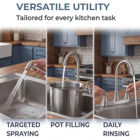 Brushed Nickel Kitchen Faucet With Sprayer And Side Sprayer 3 Hole RV Utility Touch Faucet in stainless steel shown in use