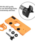 Orange plastic 35mm concealed hinge jig drill guide set with mounting hardware for woodworking