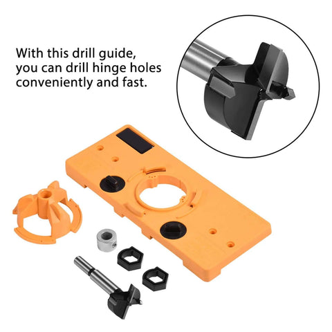 Orange plastic 35mm concealed hinge jig drill guide set with mounting hardware for woodworking