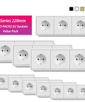 EU Standard Triple Wall Power Outlets 16A Electrical Sockets Five Pack in various configurations on a white background.