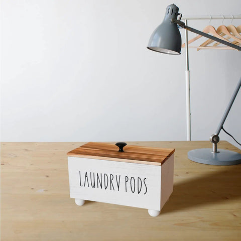 Farmhouse Style Wooden Laundry Pods Container With Lid Rustic Detergent Storage Organizer Box Pod Caddy on wooden table
