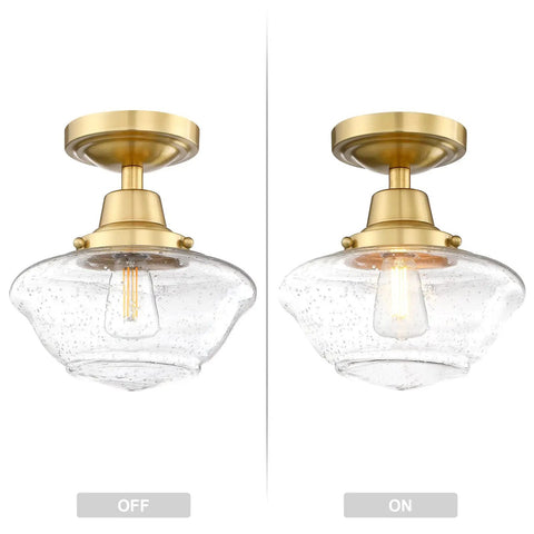 Industrial Semi Flush Mount Ceiling Light With Clear Seeded Glass And Dope Brushed Brass Finish 1 Light E26 LED Ready