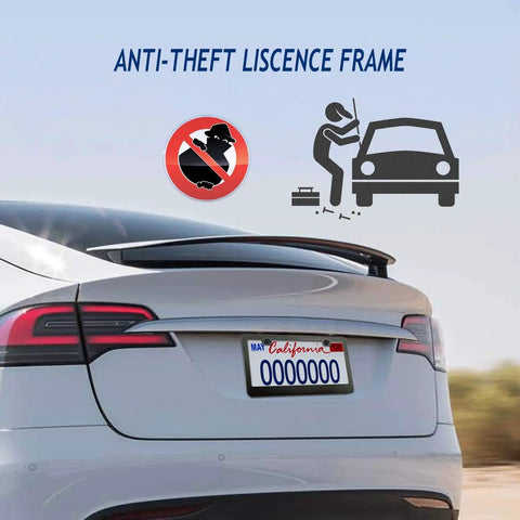 Anti Theft License Plate Frame Kit With Tamper Proof Hardware on car rear, showing security icon and car illustration