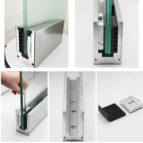 Premium Aluminum Base Rail Channel For Deck And Stairway Railing, showing installation detail and glass fitting features.