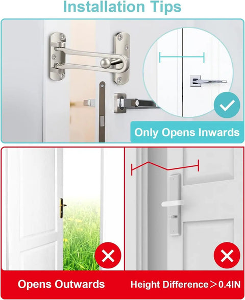 Thick Aluminum Alloy Swing Bar Door Lock Latch With Satin Nickel Finish shown with correct inward installation.