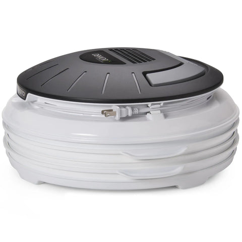 Electric Food Dehydrator With Four Stackable Trays And Top Mounted Fan compact design with folding lid for easy storage.