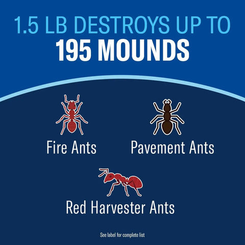 Fire Ant Killer Dust That Kills The Queen And Destroys The Mounds For Outdoor Use With Low Odor Formula Covers Up To 195 Mounds In A 1.5 Pound Bottle with ant illustrations.