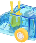Blue transparent deskside mini cleaner and dust sweep with yellow wheels, compact desktop dust remover for home office.