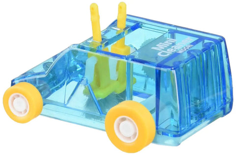 Blue transparent deskside mini cleaner and dust sweep with yellow wheels, compact desktop dust remover for home office.