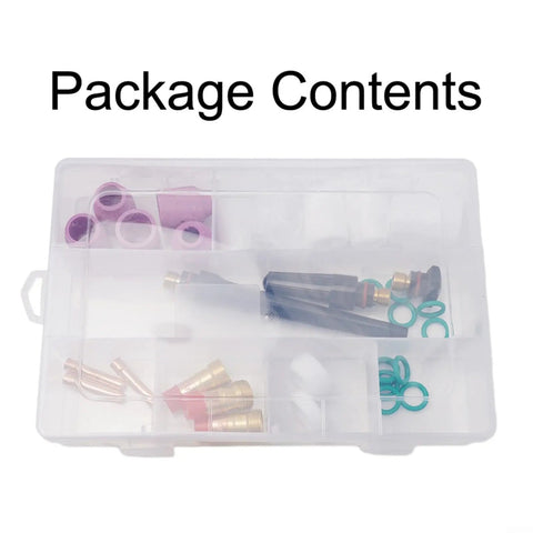 Top Notch 31 Pack TIG Torch Consumables Kit For WP17 WP18 WP26 Stubby Gas Lens With Ceramic Cup Collet And Nozzles That Get The Job Done Right, assortment of TIG consumables in a clear storage box.
