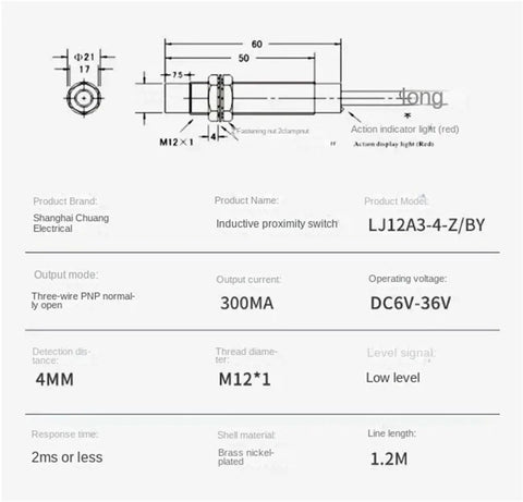 Diagram of Inductive Proximity Sensor Switch NPN PNP DC 6 36V 4mm Sensing Distance with dimensions and specifications listed.