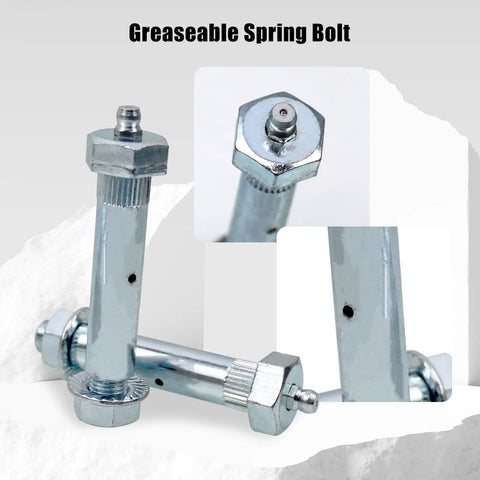 Greaseable Spring Bolt shown from multiple angles, part of the Heavy Duty 9/16 X 3 Inch Greaseable Trailer Axle Spring Bolts And Shackle Bolt Kit Built Tough For No Nonsense Hauls Fits 2000 To 7000 Lb Trailers 14 Piece Set.