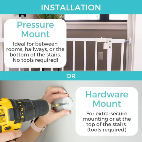 Installation options for Ninja Level Heavy Duty Auto Close Baby Gate featuring pressure and hardware mount methods.