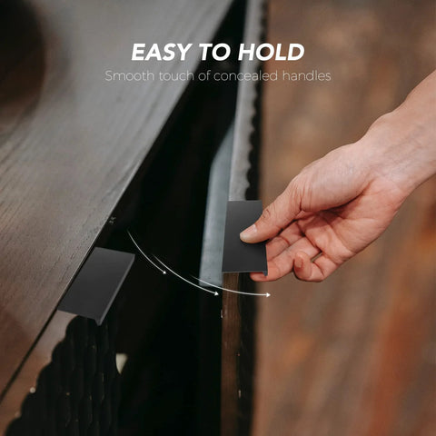 Hand using 6 Pack Finger Edge Pulls For Cabinets 80mm Length Matte Black Concealed Cabinet Handles For Kitchen Drawers and Cabinets