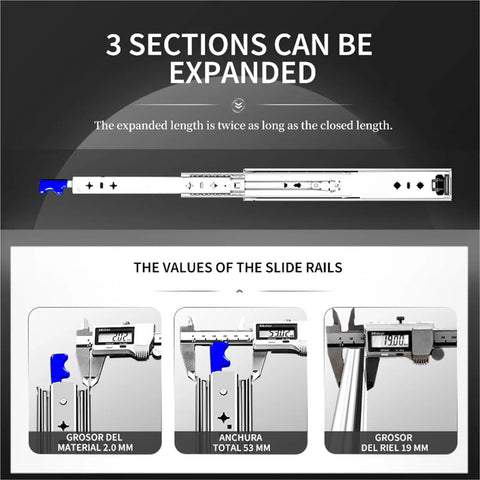 Heavy Duty Full Extension Drawer Slides Featuring A Secure Lock And Rock Solid Ball Bearings Built Tough For Kitchens Cabinets and Home Offices Handles 264 Pounds Total Load 38 Inch Length Per Pair, showing measuring details.