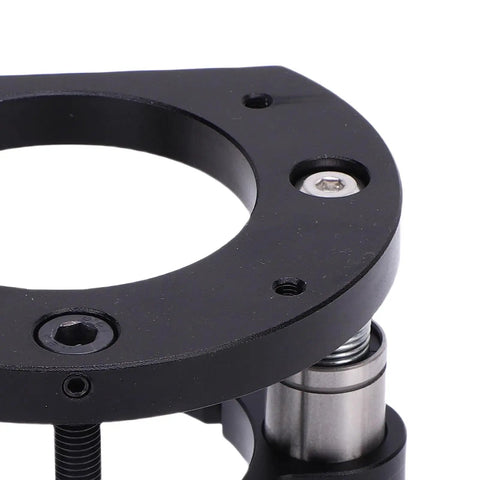 Heavy Duty Router Lift Base With Crank Handle Aluminum Alloy And Stainless Steel Construction 2 Jaw Clamping For 64-66mm Small Trimming Machines Smooth Lifting System For Precise Slotting And Chamfering close-up of black aluminum alloy router lift base with stainless steel clamp