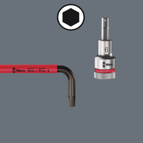 Hex Plus 9 Piece Metric L Key Set In Multicolor With Magnetic Clip; close-up of hex key and socket with size marker on gray background.