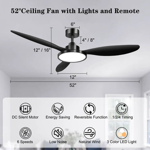 52 Inch Black Ceiling Fan With Light And Remote Control, Outdoor Patio Ready Ceiling Fan With Quiet DC Motor in room setting