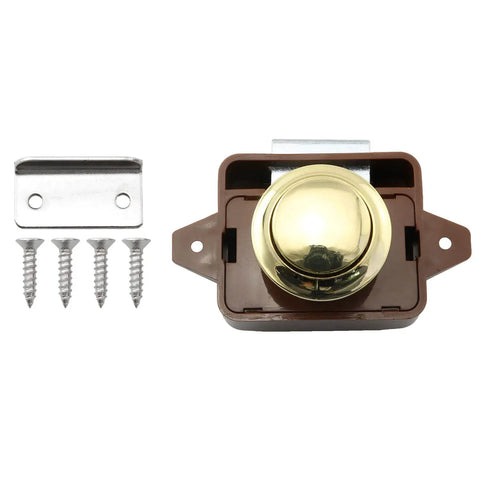 No Sweat Keyless Push Button Door Catch Lock With Smooth Operation For Rv Cabinets Boat Drawers Yacht Cupboards And Motorhome Storage Brown Gold Finish with screws and metal bracket.