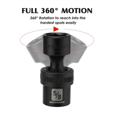 Shallow Impact Universal Joint Swivel Socket Set Three Eighths Inch Drive flex wobble head with 360-degree motion label