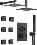 GRANDJOY Dual 12" Shower System with Handheld Spray, Matte Black featuring dual rainfall heads and six body jets control panel.
