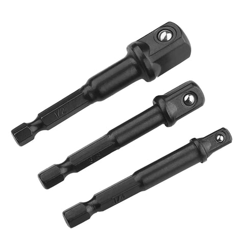 Domary 16-Piece Impact Socket Adapter Kit In Solid Chrome Steel That Lets You Flex On Tough Jobs With Heavy Duty Extensions And Multi-Function Heads For All Your Garage Gigs And DIY Projects, three black impact adapters