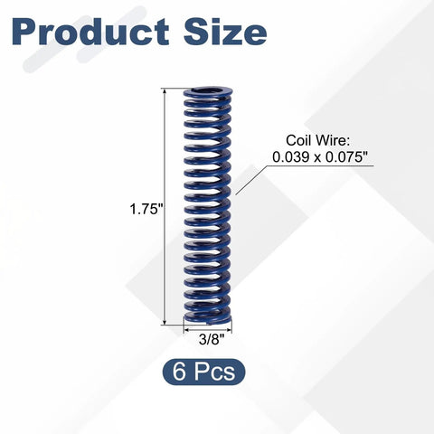 Six Pack Blue Alloy Steel Compression Springs 3 8 Inch Outer Diameter 1 75 Inch Length For 3D Printers And Mechanical Equipment Light Load Applications With Durable Coil Wire Construction, showing dimensions.