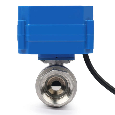 Front view of 1 Inch Motorized Ball Valve With 110 VAC Plug, NSF Certified 304 Stainless Steel, Auto Return, Normally Closed, NPT Thread.
