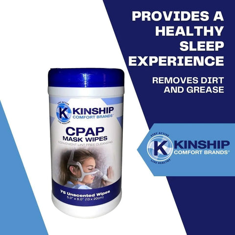 Kinship Comfort Brands CPAP mask wipes tub with blue cap, 75 unscented wipes, front view