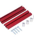 Woodworking Planing Stop Kit With Pew Dog Positioning Clamp for your workbench showing red aluminum rails, bench dogs, and screws setup.