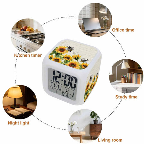 Vintage Yellow Sunflower Bees Digital Alarm Clock Silent Tickless Cube With Temperature Display And Snooze Plus Soft Glow on a desk.