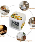 Sweet Vintage Sunflower Bee Digital Cube Alarm Clock With Dead Silent Operation Dual Alarm Snooze Mode And Soft Nightlight on a desk.