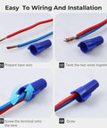 Steps showing blue connectors, bare wires twisted, and secured with Tan Winged Wire Connectors 550 Pcs Pack For 22 8 AWG Twist On Screw On Type Connectors P12 Terminals Electrical Wire Nuts And Caps With Easy Grip Knurled Wings For DIY Home Wiring