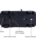 Underside of BMW I8 1:14 Scale Remote Control Car With Open Scissor Doors, showing wheels, power switch, and battery slot.