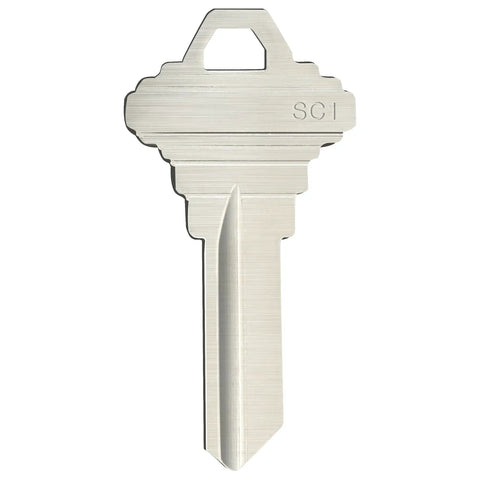 SC1 5 Pin Key Blanks Pack Of 50 Brass Silver Blank Keys For Schlage C Keyway Locksmiths And Home Key Replacement Projects Great For Spare Keys And DIY Key Cuts, single key close-up showing silver finish and SC1 marking
